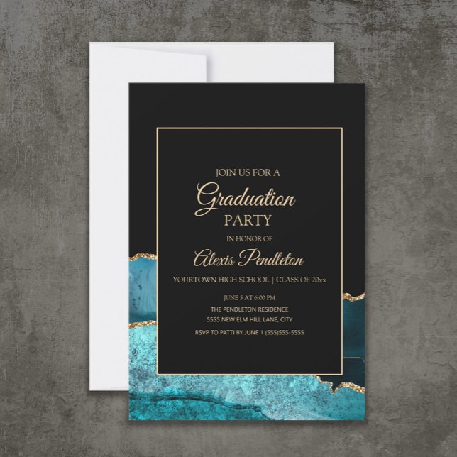 Eleganter Aquamariner Black Gold Marble Agate Absc Einladung (Teal and black marble/agate graduation party invitation)