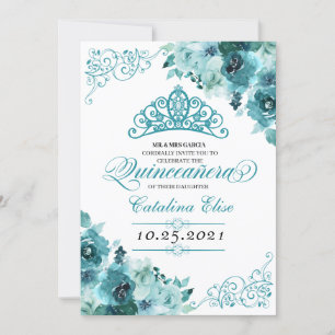 Eleganter Aquamariner Blumenstrauß Geburtstag Einladung