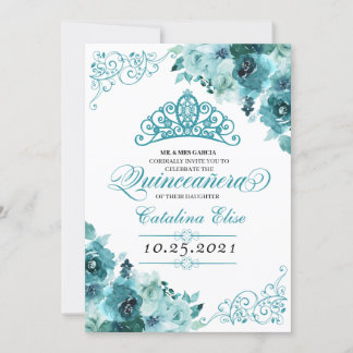 Eleganter Aquamariner Blumenstrauß Geburtstag Einladung