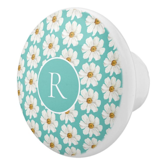 Eleganter Aquamariner Daisy Muster Monogram Kerami Keramikknauf (Rechts)