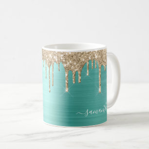 Eleganter Aquamariner Girly Glitzer Tropfen Metall Kaffeetasse