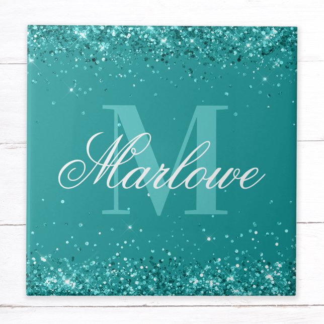 Eleganter Aquamariner Glitzer Blue Green Monogram Fliese (Von Creator hochgeladen)