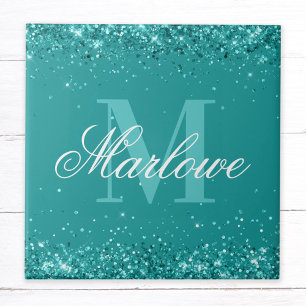 Eleganter Aquamariner Glitzer Blue Green Monogram Fliese