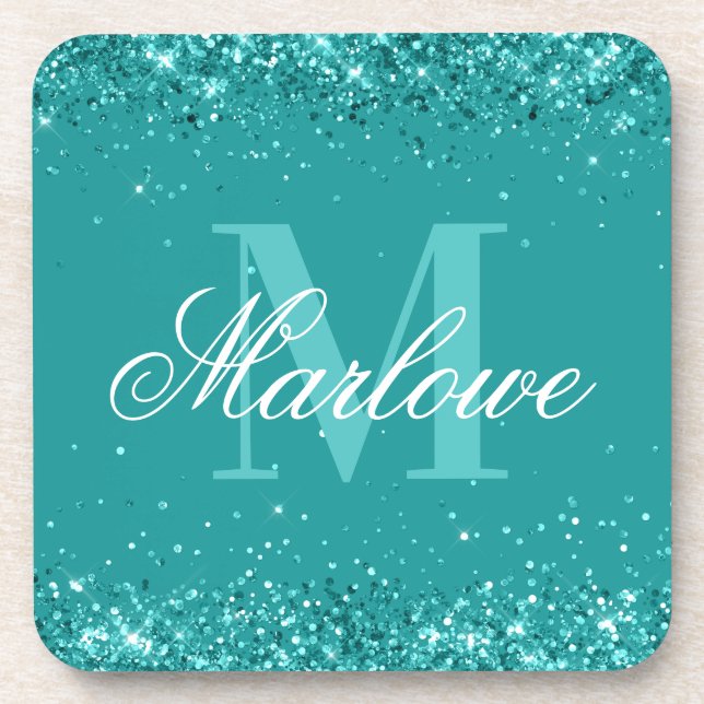 Eleganter Aquamariner Glitzer Blue Green Monogram Getränkeuntersetzer (Vorderseite)