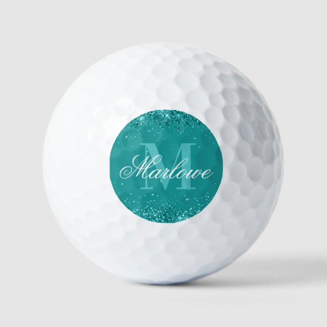 Eleganter Aquamariner Glitzer Blue Green Monogram Golfball (Vorderseite)