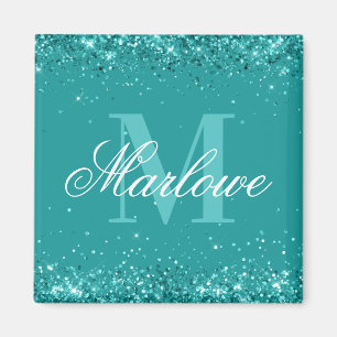 Eleganter Aquamariner Glitzer Blue Green Monogram Magnet