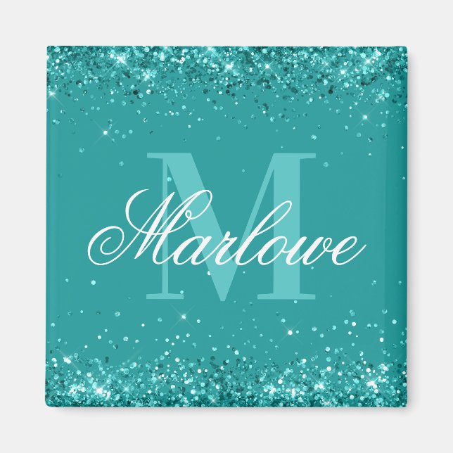 Eleganter Aquamariner Glitzer Blue Green Monogram Magnet (Vorne)