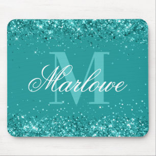 Eleganter Aquamariner Glitzer Blue Green Monogram Mousepad