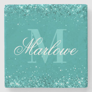 Eleganter Aquamariner Glitzer Blue Green Monogram Steinuntersetzer
