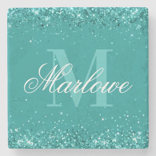 Eleganter Aquamariner Glitzer Blue Green Monogram Steinuntersetzer (Vorderseite)