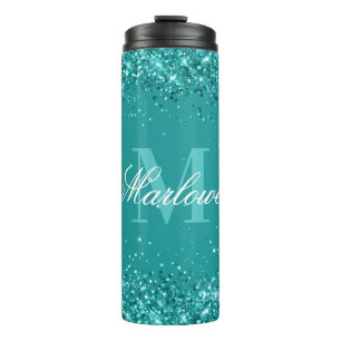 Eleganter Aquamariner Glitzer Blue Green Monogram Thermosbecher