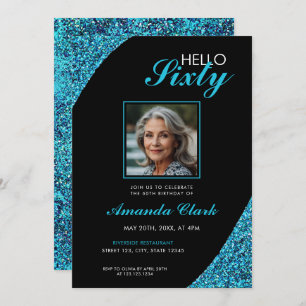 Eleganter Aquamariner Glitzer Foto 60. Geburtstag Einladung