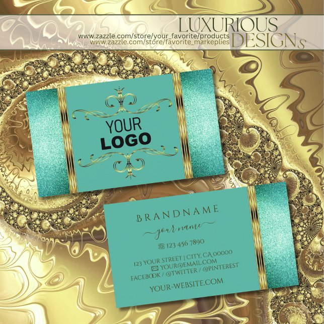 Eleganter Aquamariner Glitzer Gold Border Verziert Visitenkarte (Von Creator hochgeladen)