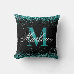 Eleganter Aquamariner Glitzer Schwarzes Monogramm Kissen