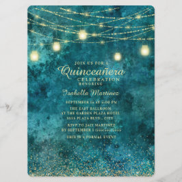 Eleganter Aquamariner Glitzer String Light Quinceñ Einladung