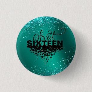 Eleganter Aquamariner Glitzer Sweet 16 Birthday Bu Button