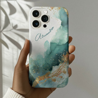 Eleganter Aquamariner Gold Abstrakt Watercolor Ind iPhone 16 Pro Max Hülle