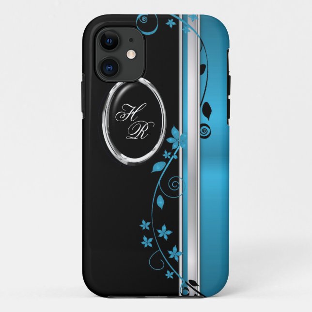 Eleganter aquamariner u. schwarzer Blumenmonogramm Case-Mate iPhone Hülle (Rückseite)