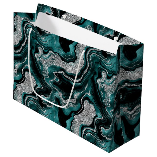 Eleganter Aquamariner und silberner Glitzer Agate  Große Geschenktüte (Vorderseite Schrägansicht)