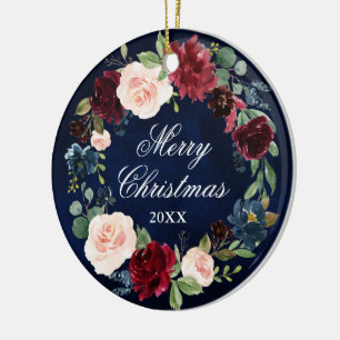 Eleganter Aquarell-BlumenKranz-frohe Weihnachten Keramik Ornament