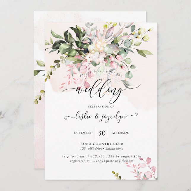 Eleganter Aquarell Dusty Blush Pink Eukalyptus Einladung (Vorne/Hinten)