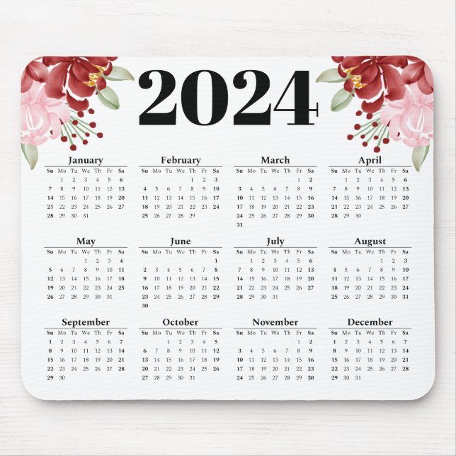 Eleganter Aquarell weiß 2024 Kalender Mousepad (Vorne)