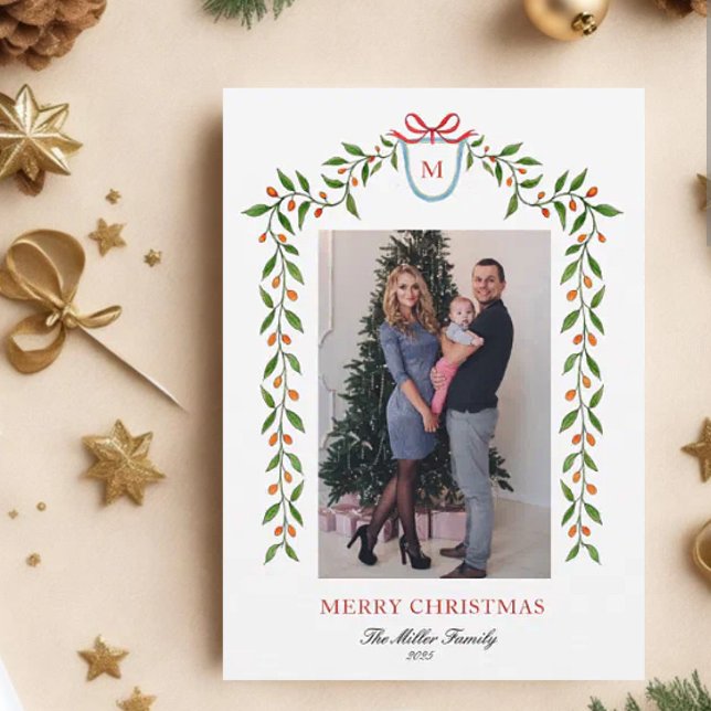 Eleganter Aquarellgarn Monogram Holiday Ankündigung (Von Creator hochgeladen)