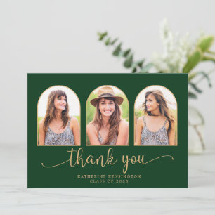 Eleganter Arch Forest Green Gold 3 Foto Abschluss Dankeskarte