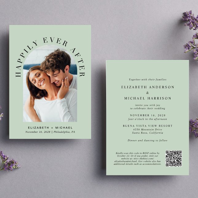 Eleganter Arch-Foto QR-Code auf einer Seite Einladung (Celebrate your love story with an invitation showcasing your favorite photo in an elegant arch frame)