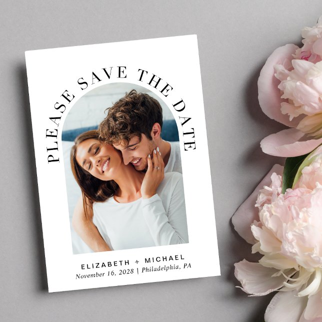 Eleganter Arch Foto QR Code Save The Date (Celebrate your love story with a save the date showcasing your photo in an elegant arch frame)