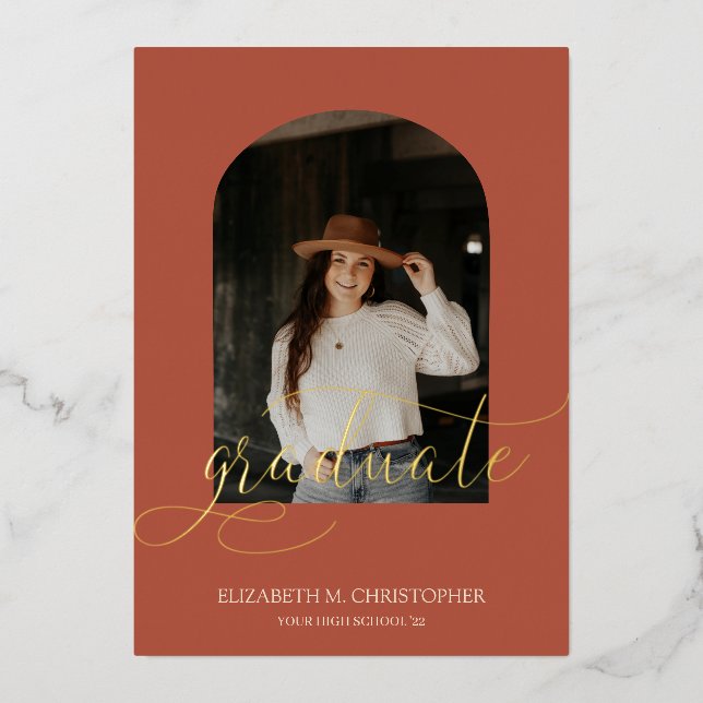 Eleganter Arch Frame 5 Foto Collage Abschluss Real Folieneinladung (Vorderseite)