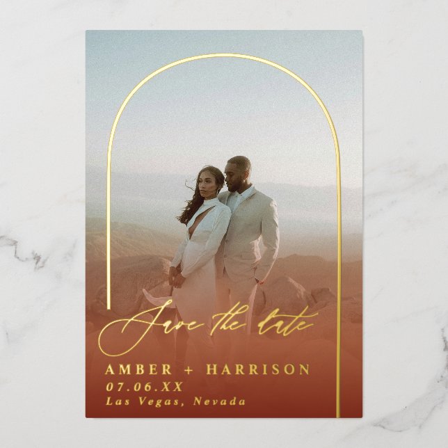 Eleganter Arch Moderne Kalligraphie Save the Date Folieneinladung (Vorderseite)