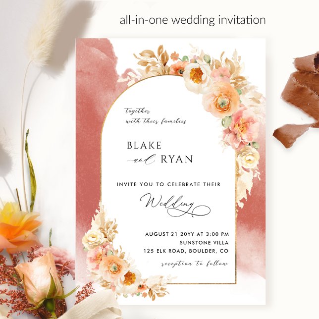 Eleganter Arch Peach Blush and Rust Wedding Einladung (Von Creator hochgeladen)