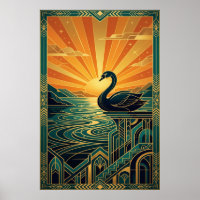 Eleganter Art Deco Schwan Sonnenuntergang See