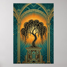 Eleganter Art Deco Trauerweide Gold- & Türkisplaka Poster