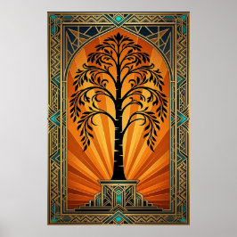 Eleganter Art Deco-Weidenbaum-Sonnenuntergang in G Poster