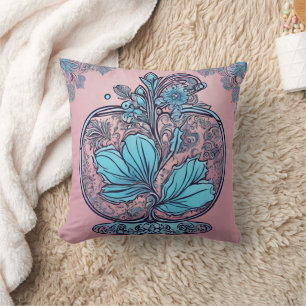 Eleganter Art Nouveau Türkis-Blumen-Vintage-Rosa Kissen