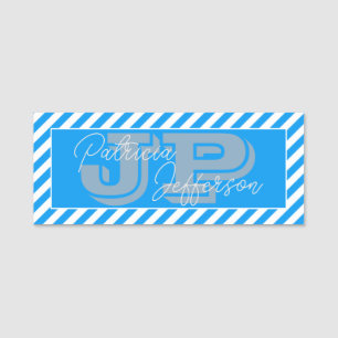 Eleganter Azure Light Blue & White Streifen: Monog Namensschild
