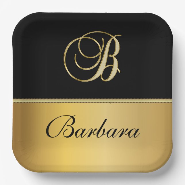Eleganter "B" Monogramm Personalisierter Name Schw Pappteller (Vorderseite)
