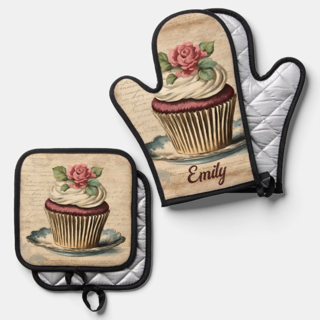 Eleganter Bäckereigebäck Koch Cupcake Baker Backen Ofenhandschuh & Topflappen-Set (Vorderseite/Rückseite)