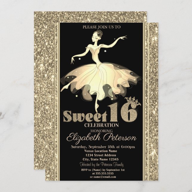 Eleganter Ballerina Gold Glitzer Sweet 16 Einladung (Vorne/Hinten)