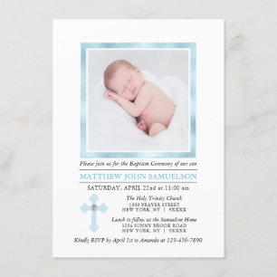 Eleganter BAPTISM CHRISTENING Cross Blue Boy FOT Einladung