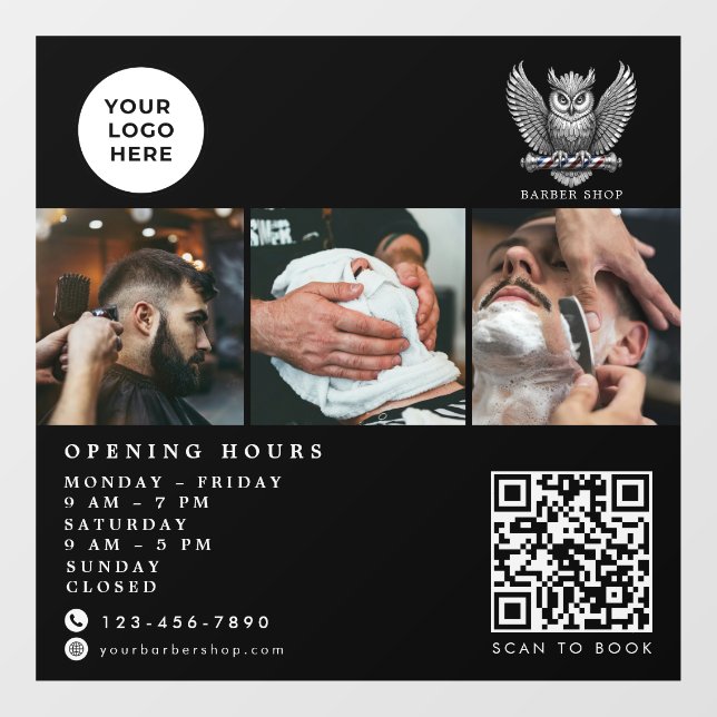 Eleganter Barbier Shop Silber Eule QR-Code-Logo  Fensteraufkleber (Blatt)