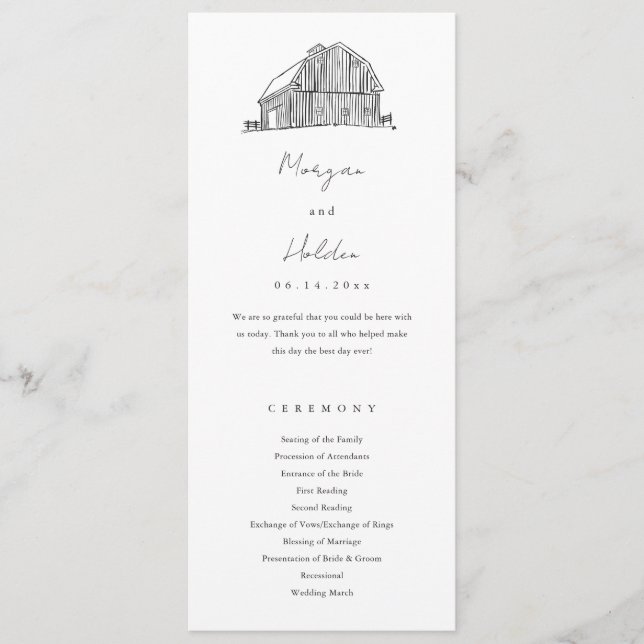 Eleganter Barn Black and White Rustic Wedding Programm (Vorderseite)