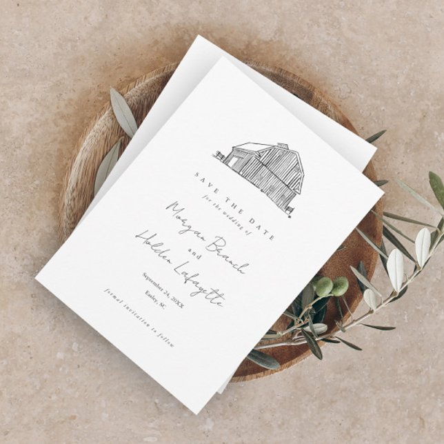 Eleganter Barn Black and White Rustic Wedding Save The Date (Rustic hand-drawn black and white barn elegant wedding save the date.)