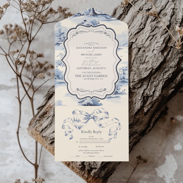 Eleganter Barock Blue French Garden Hochzeit der B All In One Einladung (Von Creator hochgeladen)