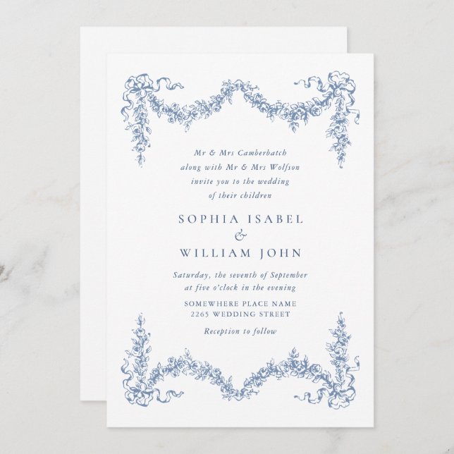 Eleganter Barock Blue French Garden Hochzeit der B Einladung (Vorne/Hinten)