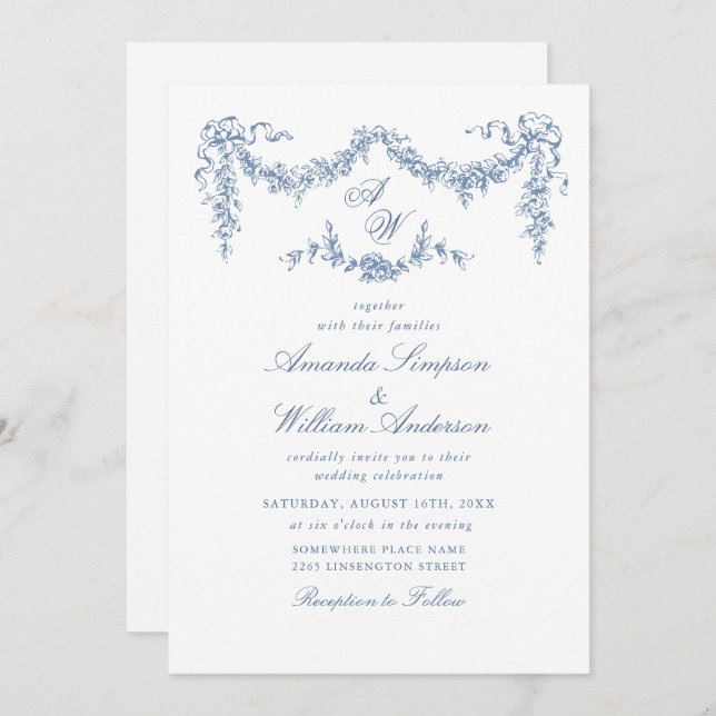 Eleganter Barock Blue French Garden Hochzeit der B Einladung (Vorne/Hinten)