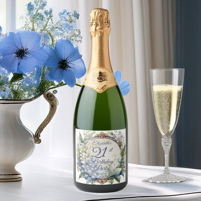 Eleganter barocker Blumenrahmen 21. Geburtstag Par (Elegant Baroque Floral Frame 21st Birthday Party Sparkling Wine Label)