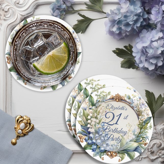 Eleganter barocker Blumenrahmen 21. Geburtstag Par Runder Pappuntersetzer (Elegant Baroque Floral Arch 21st Birthday Party Round Paper Coaster)